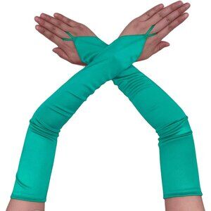 Women's Stretchy Green Long Satin Fabric Gloves Elbow Length Opera Party Prom